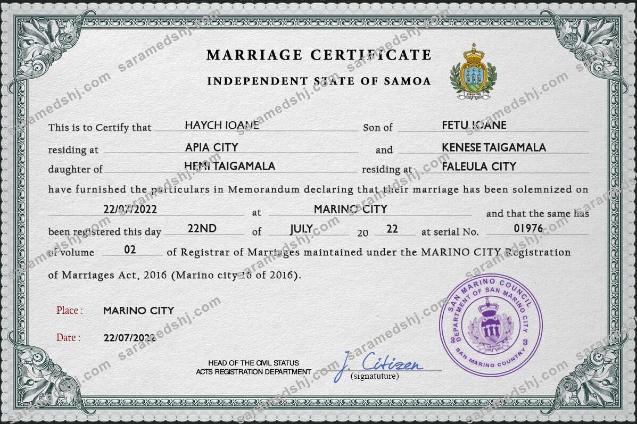 Samoa marriage certificate PSD template